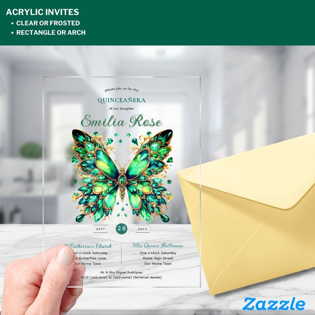 Sweet15 Butterflies QUINCEANERA Emerald Green Gold Acrylic Invitations (Creator Uploaded)