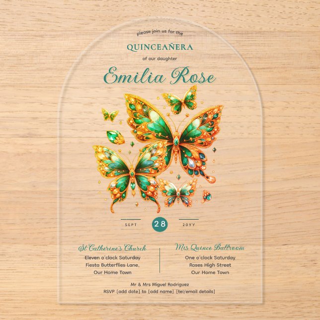 Sweet15 Butterflies QUINCEANERA Emerald Green Gold Acrylic Invitations (Front)