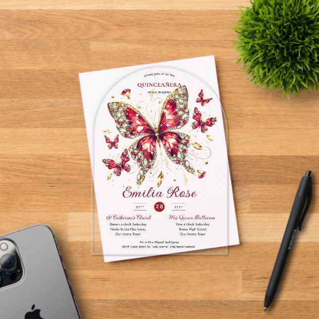 Sweet15 Butterflies QUINCEANERA Red Card Diamond Acrylic Invitations (Insitu (Invitation Card))