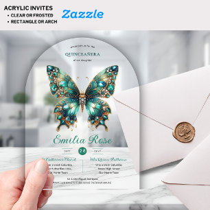 Sweet15 Butterflies QUINCEANERA Teal Gold Diamond Acrylic Invitations