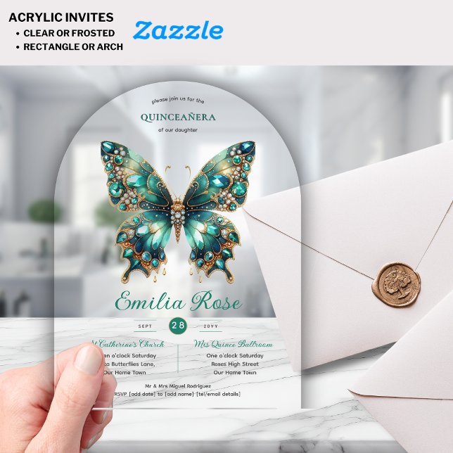 Sweet15 Butterflies QUINCEANERA Teal Gold Diamond Acrylic Invitations (Creator Uploaded)