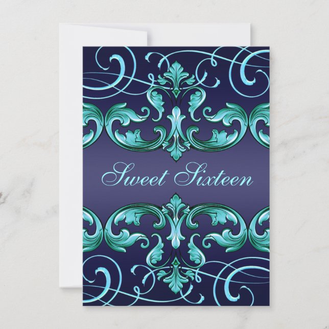 Sweet16 Dark Blue Damask & Tiara Birthday Invite (Front)