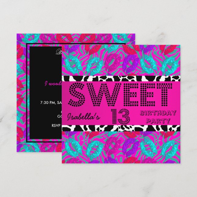 Sweet 13 13th Birthday Lips Cow Purple Pink Teal Invitation (Front/Back)