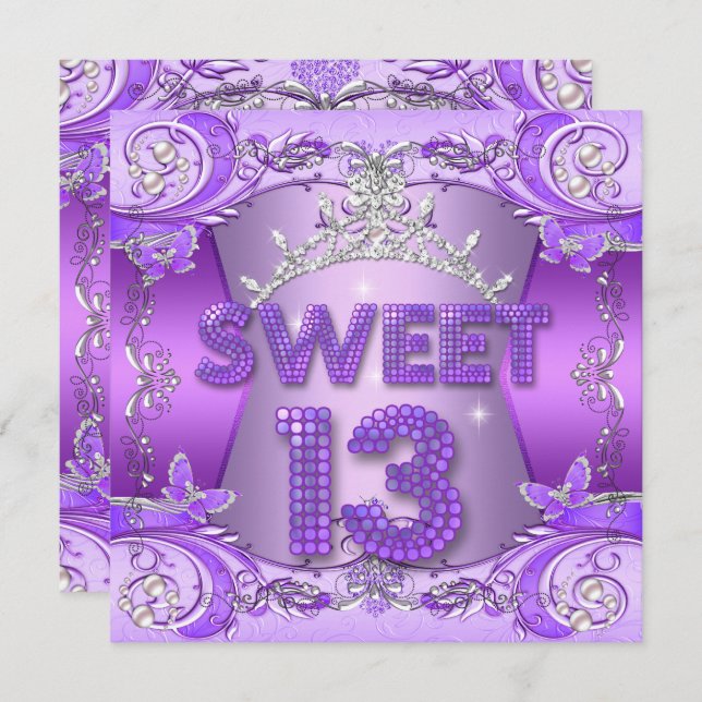 Sweet 13 13th Birthday Party Purple Silver Tiara Invitation (Front/Back)