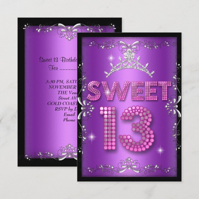 Sweet 13 13th Birthday Pink Purple Black Invitation (Front/Back)