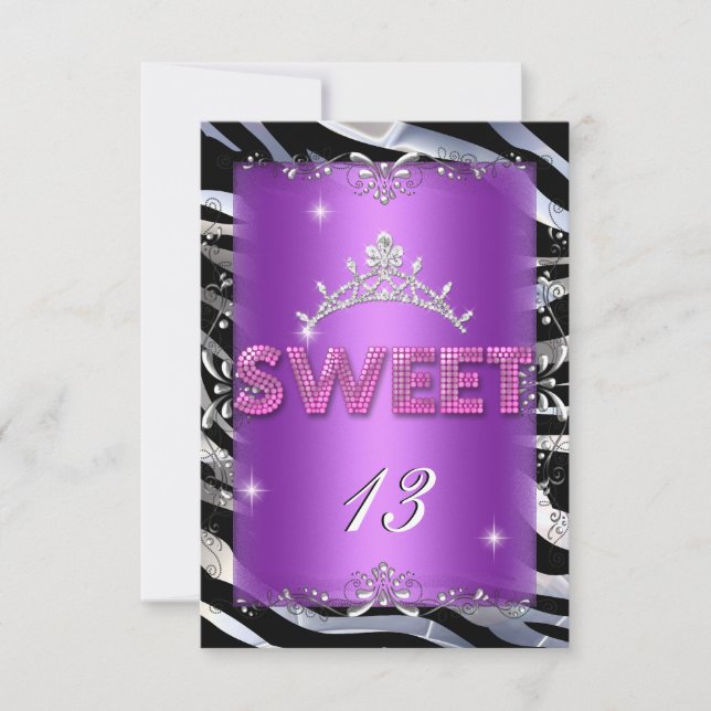 Sweet 13 13th Birthday Pink Purple Zebra Invitation (Front)