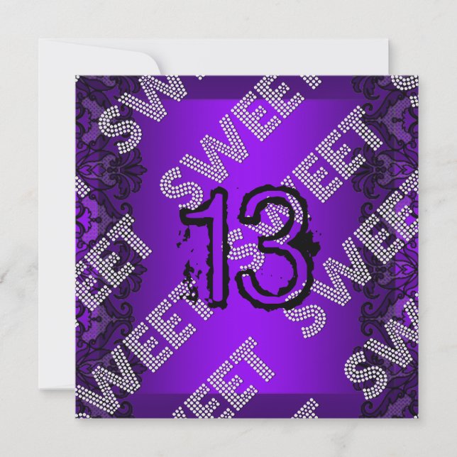 Sweet 13 13th birthday Purple Black Lace Grunge Invitation (Front)