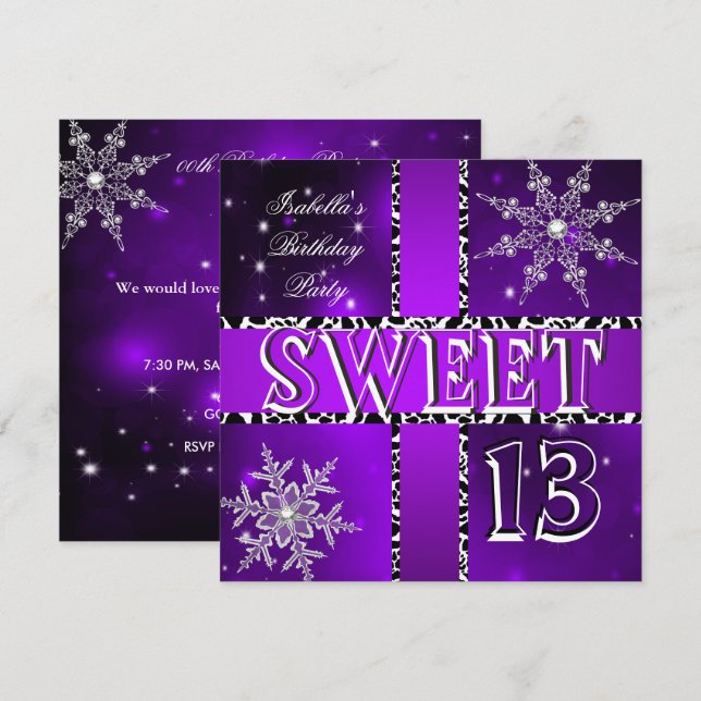 Sweet 13 13th Birthday Purple Winter Wonderland 2 Invitation (Front/Back)