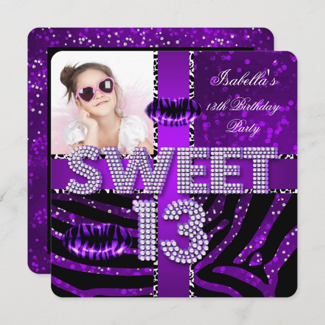 Sweet 13 13th Birthday Zebra Glitter Purple Lips Invitation (Front/Back)