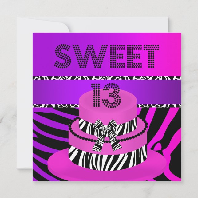 Sweet 13 13th Birthday Zebra Purple Pink Cake Invitation (Front)