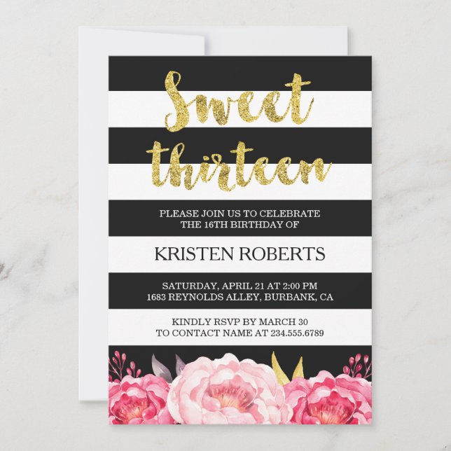 Sweet 13 Birthday Floral Gold Black White Stripes Invitation (Front)