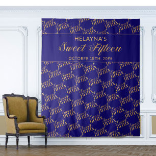 Sweet 15 Blue and Gold Birthday Party Backdrop Tapestry