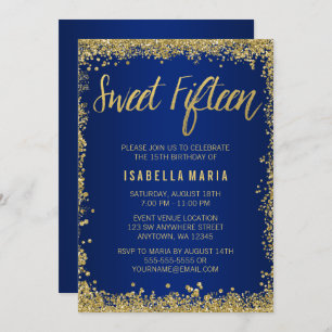 Sweet 15 Blue Gold Glitter Quinceanera Birthday Invitation