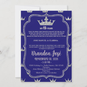 Sweet 15 boy birthday invitation, blue & silver. invitation