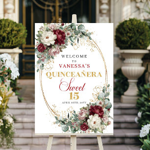 Sweet 15 Burgundy Floral Gold Quinceanera Welcome  Poster