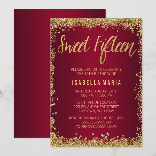 Sweet 15 Burgundy Gold Glitter Quinceanera Invitation (Front/Back)