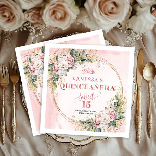 Sweet 15 Napkins with Rose Gold Greenery Accents