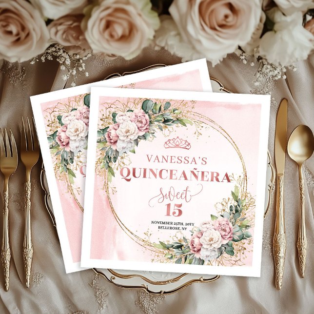 Sweet 15 Napkins with Rose Gold Greenery Accents (Sweet 15 Napkins with Rose Gold Greenery Accents)