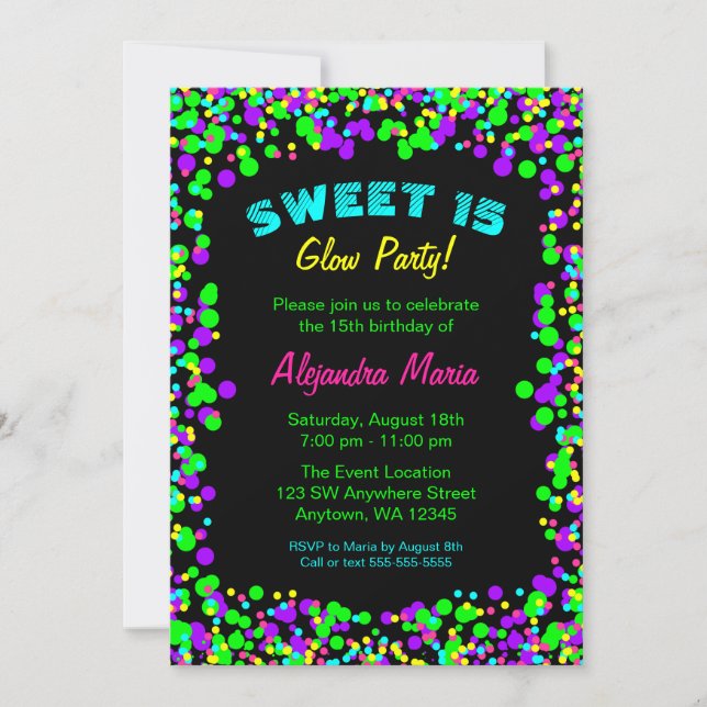 Sweet 15 Neon Glow Confetti Party Invitations (Front)