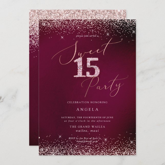 Sweet 15 Pink Diamond Glitters Burgundy Invitation (Front/Back)