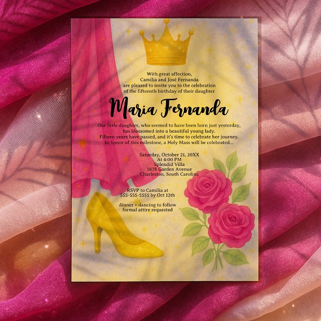 Sweet 15 Royal Quinceañera Gold Crown Pink Dress Invitation (Creator Uploaded)