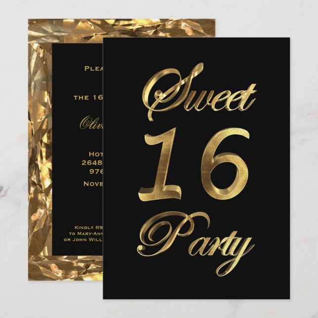 Sweet 16 16th Birthday Anniversary Black and Gold Invitation (Front/Back)