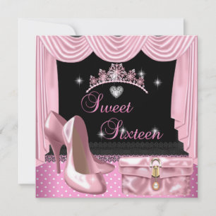 Sweet 16 16th Birthday Pink Black White Invitation