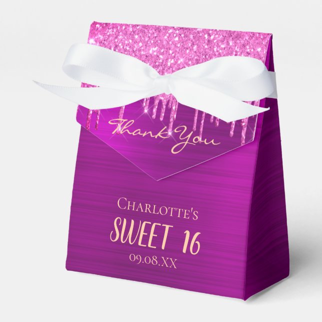 Sweet 16 16th birthday purple glitter thank you favour box (Front Side)