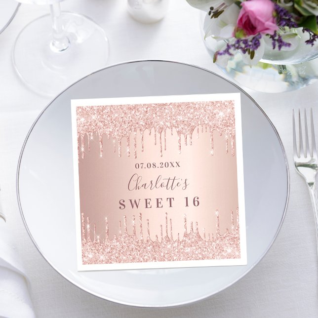 Sweet 16 16th birthday rose gold glitter monogram napkin (Creator Uploaded)