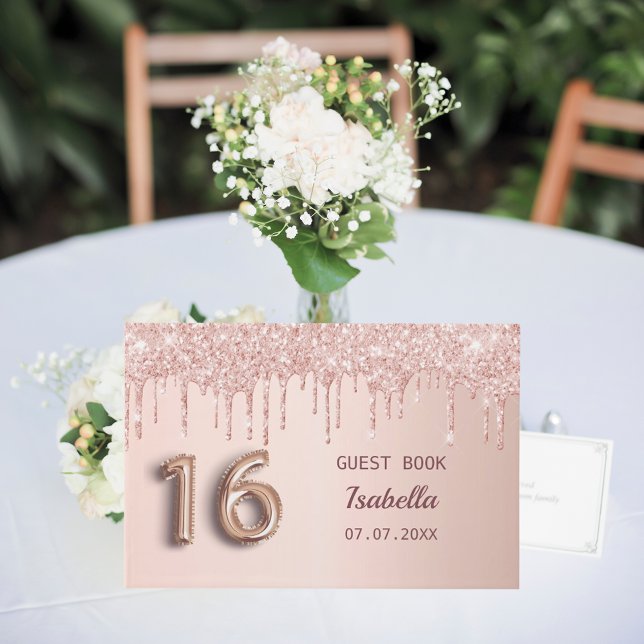 Sweet 16 16th birthday rose gold glitter pink guest book (Creator Uploaded)