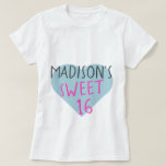 Sweet 16 16th Birthday T-Shirt<br><div class="desc">Sweet 16 16th birthday tshirt features your name and the text sweet 16 in simple modern handwritten typography in stylish bright pink and black on a pastel blue heart. Exclusively designed for you by Happy Dolphin Studio.</div>