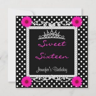 Sweet 16 16th Black White spot Pink floral Tiara Invitation