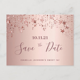 Sweet 16 16th party rose gold stars save the date postcard