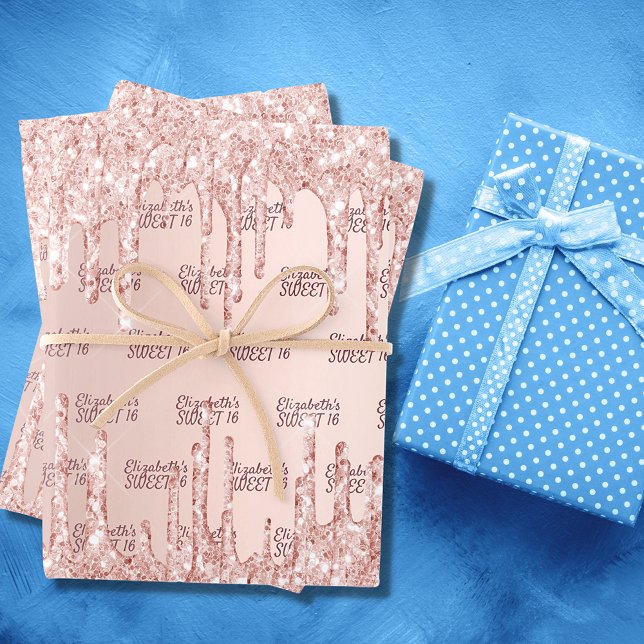 Sweet 16 16th rose gold glitter drips pink sparkle wrapping paper sheet (Creator Uploaded)