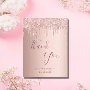 Sweet 16 16th rose gold glitter drips thank you postcard
