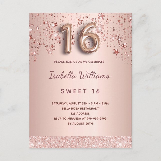 Sweet 16 16th rose gold stars pink balloon script postcard (Front)