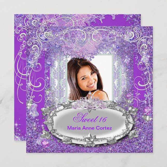 Sweet 16 16th Sweet Sixteen Purple Glitter Look Invitation (Front/Back)