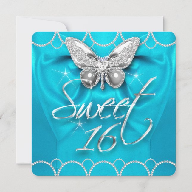 Sweet 16 16th Teal Blue Butterfly Pearl Party Invitation (Front)