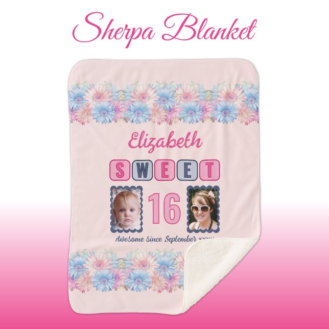 Sweet 16 2 photo name date flowers pink sherpa blanket (Creator Uploaded)