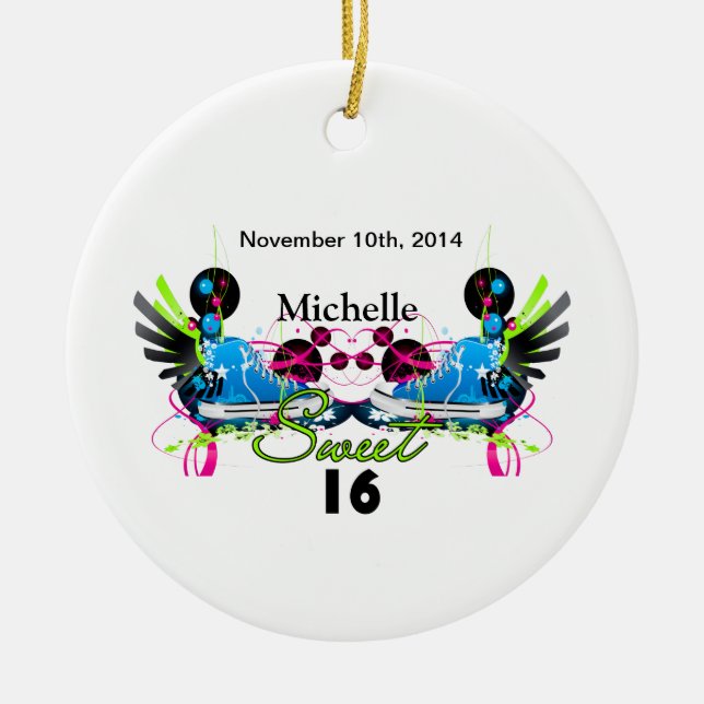 Sweet 16 80's Neon Sneakers Name Date Ceramic Tree Decoration (Front)
