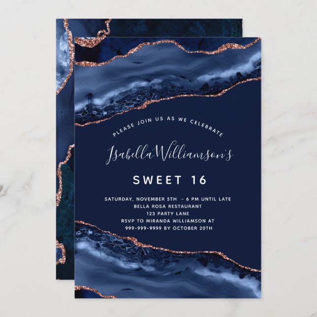Sweet 16 agate marble navy blue rose gold invitation (Front/Back)
