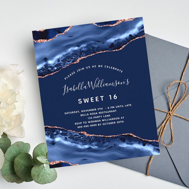 Sweet 16 agate navy blue rose gold invitation (Creator Uploaded)