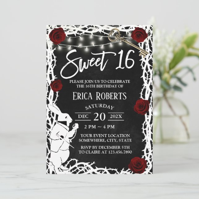 Sweet 16 Alice in Wonderland Thorn & Rose Flower Invitation (Standing Front)