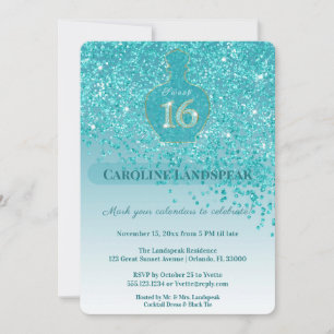 Sweet 16 Azure Fragrance Teal Blue Glitter Ribbon Invitation
