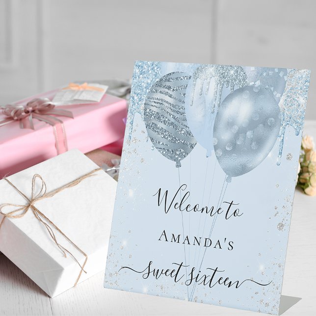 Sweet 16 baby blue balloons party welcome pedestal sign (Creator Uploaded)