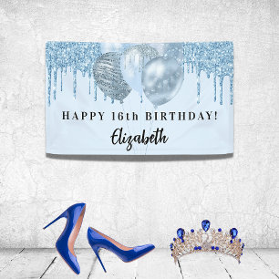 Sweet 16 baby blue glitter drips balloons banner