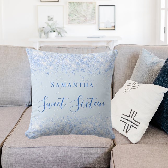 Sweet 16 baby blue glitter dust name script cushion (Creator Uploaded)