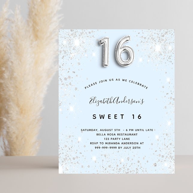 Sweet 16 baby blue silver budget invitation flyer (Creator Uploaded)