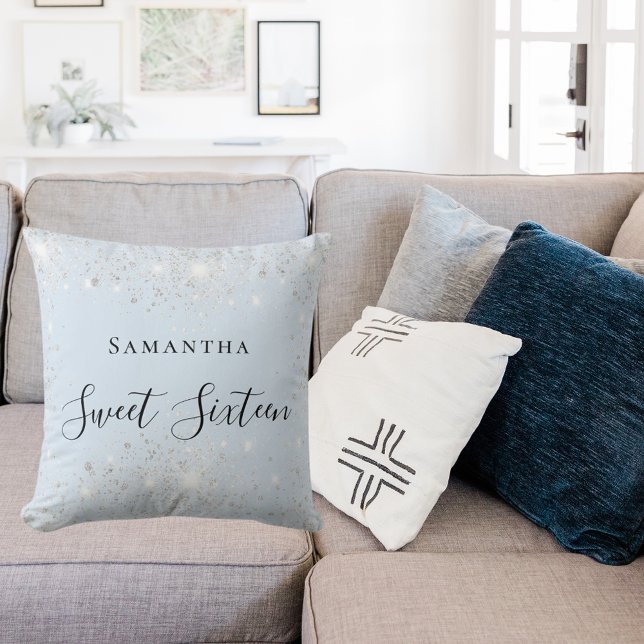 Sweet 16 baby blue silver glitter dust name cushion (Creator Uploaded)
