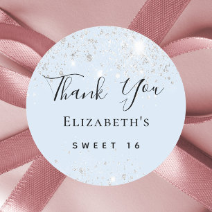 Sweet 16 baby blue silver glitter dust Thank You  Classic Round Sticker